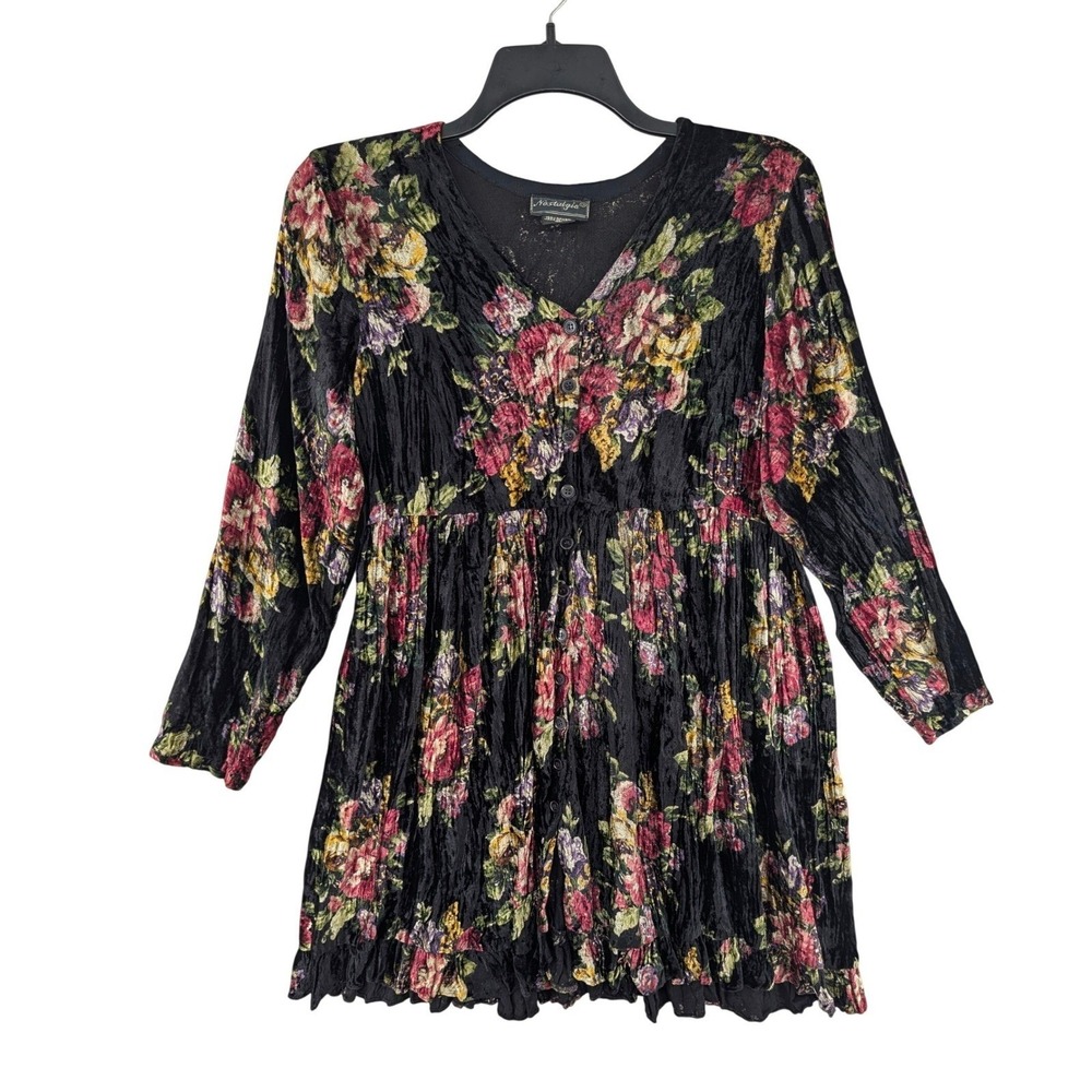 Mini Dress M Black Floral Crinkle Velvet Button Front Babydoll Boho Stevie Nicks